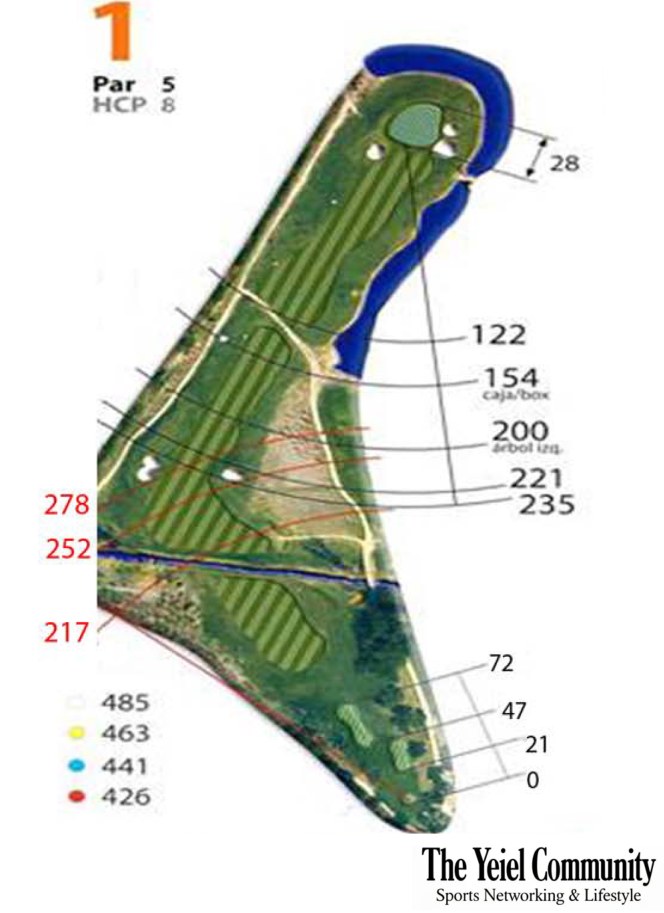 Plano del hoyo 1 de Aldeamayor, par 5, 485 metros