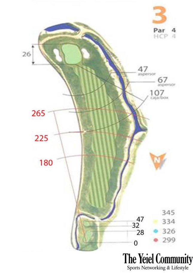 Plano del hoyo 3 de Aldeamayor, par 4, 345 metros