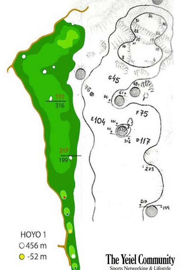 Plano del hoyo 1 de El Encín Golf, par 5, 456 metros