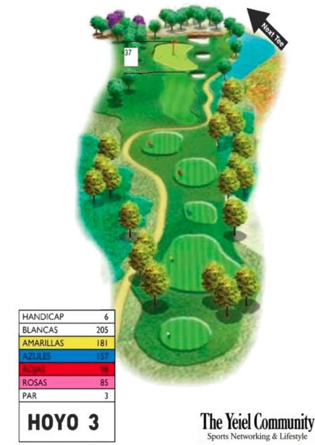 Plano del hoyo 3 de Font del Llop Golf Resort, par 3, 205 metros