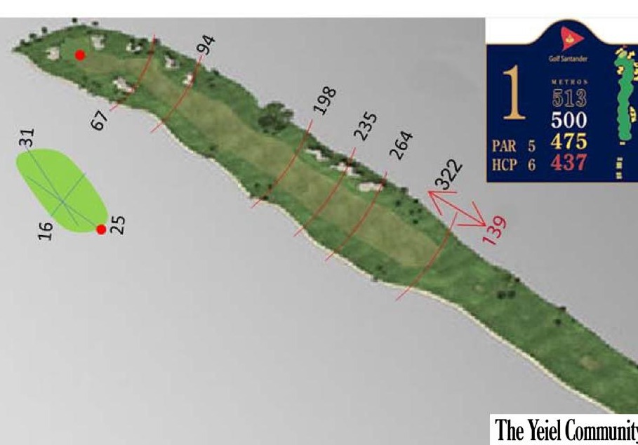 Plano del hoyo 1 de Golf Santander, par 5, 500 metros