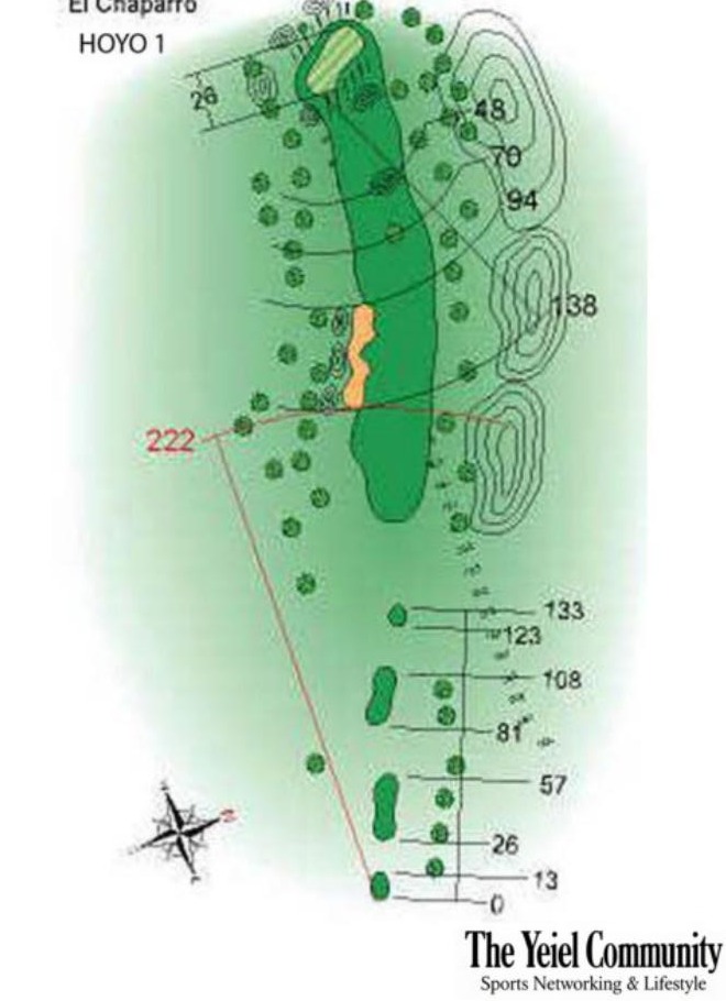 Plano del hoyo 1 de La Moraleja II, par 4, 344 metros