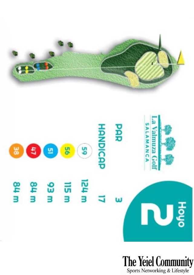 Plano del hoyo 2 de La Valmuza Golf, par 3, 124 metros
