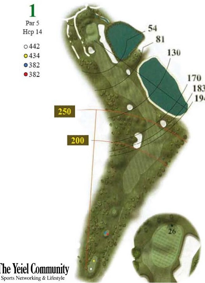 Plano del hoyo 1 de Layos Golf, par 5, 442 metros