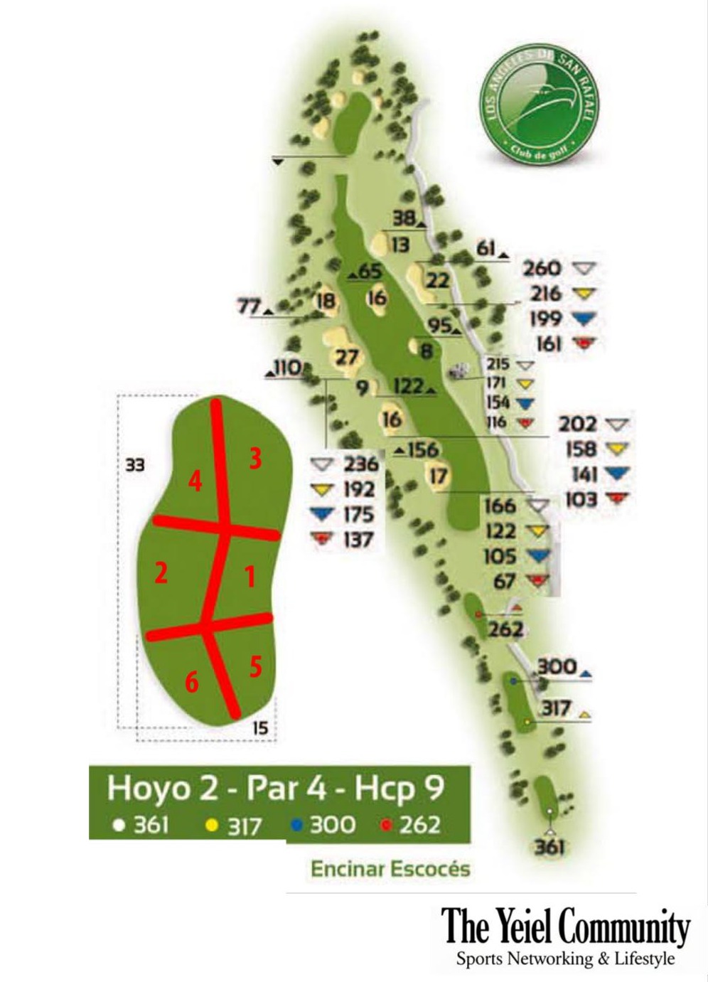Plano del hoyo 2 de Los Ángeles de San Rafael, par 4, 361 metros