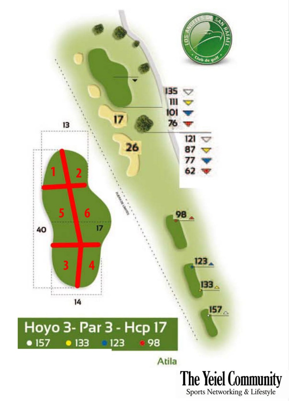 Plano del hoyo 3 de Los Ángeles de San Rafael, par 3, 157 metros