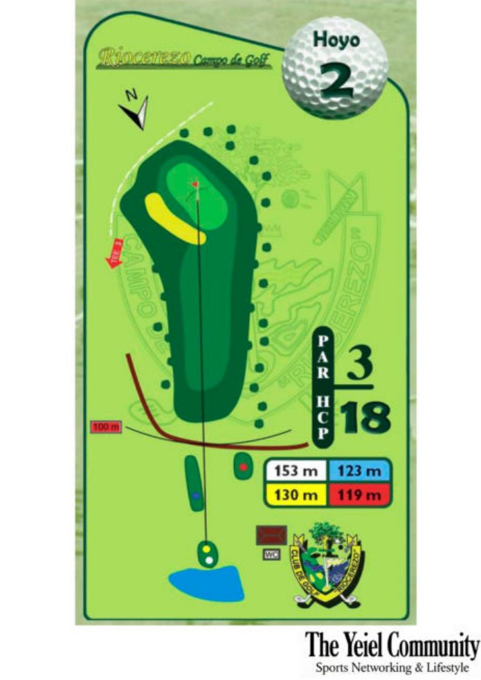 Plano del hoyo 2 de Riocerezo Club de Golf, par 3, 153 metros