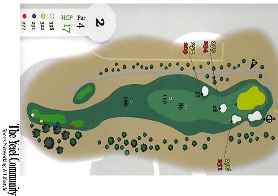 Plano del hoyo 2 de Club de Golf Saldaña, par 4, 338 metros
