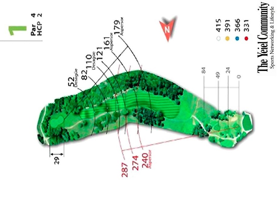 Plano del hoyo 1 de Club de Golf Sojuela, par 4, 415 metros