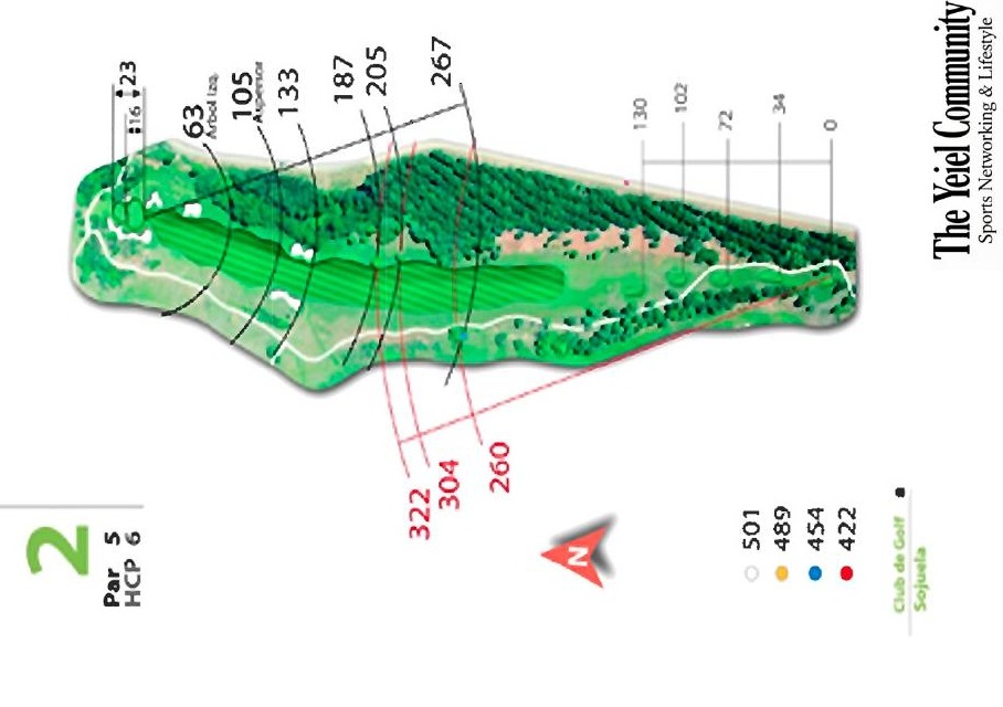 Plano del hoyo 2 de Club de Golf Sojuela, par 5, 501 metros