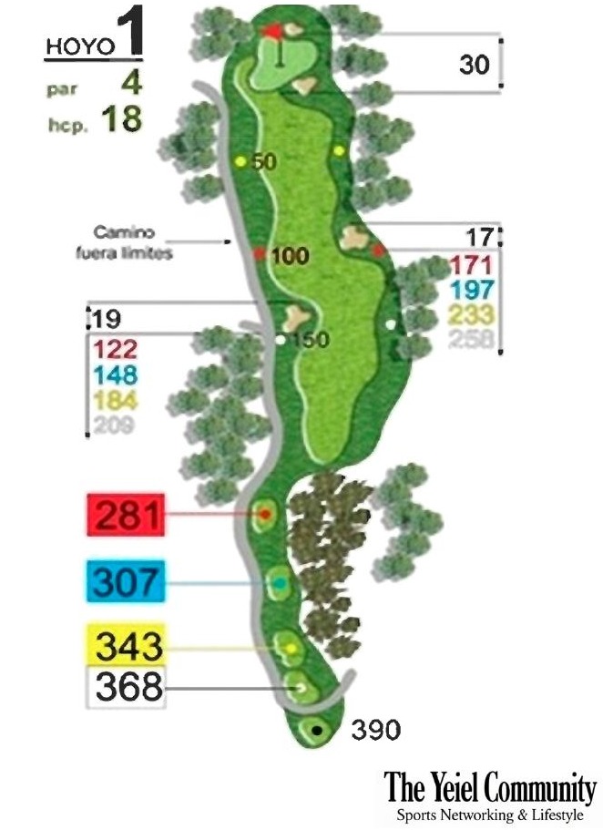 Plano del hoyo 1 de Villaitana Levante, par 4, 368 metros