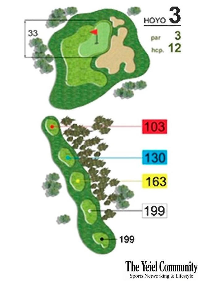 Plano del hoyo 3 de Villaitana Levante, par 3, 199 metros
