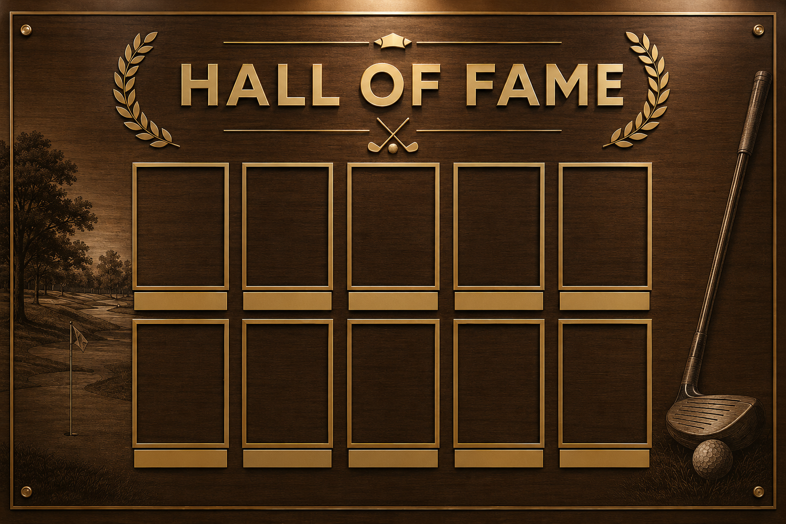 Hall of Fame de la Liga YEIEL: tablón de campeones con 10 huecos dorados sobre madera oscura.
